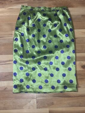 Ashro Green Satin Pencil Skirt with Purple Polka Dots, Size 8